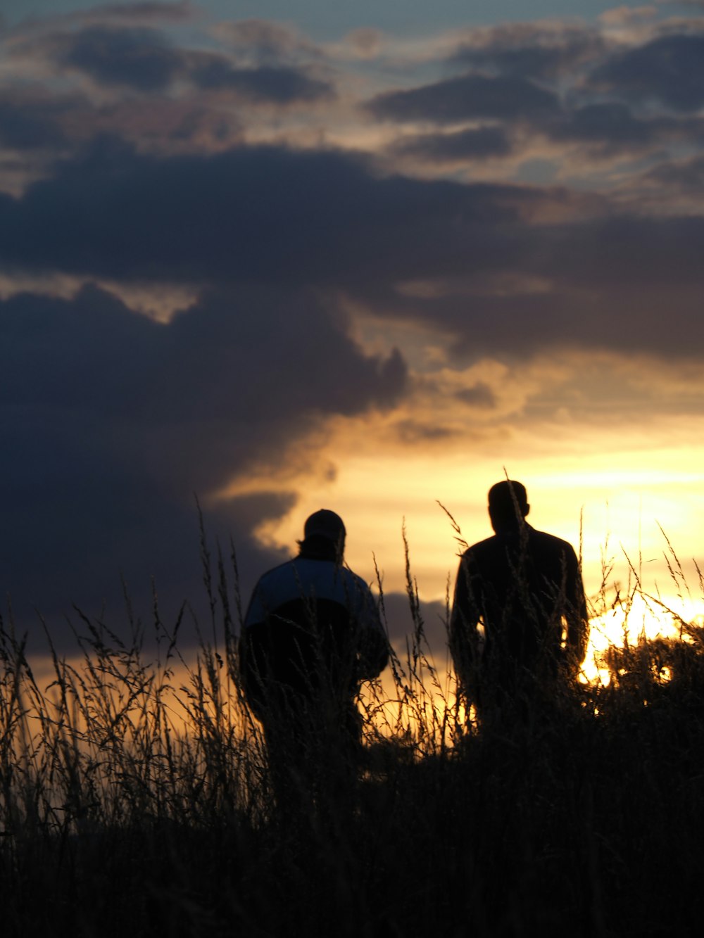 silhouette di 2 uomini in piedi sul campo di erba durante il tramonto