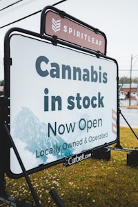 A large outdoor sign for Spiritleaf, a cannabis store, displays the message 'Cannabis in stock, Now Open' along with 'Locally Owned & Operated.' The sign is positioned on a grassy area with metal supports, and the background includes some buildings and power lines.