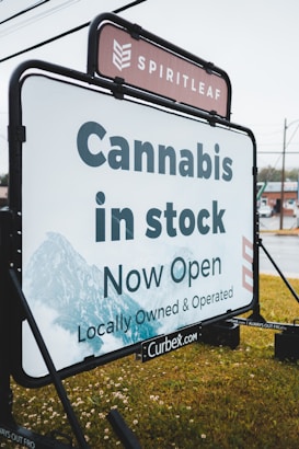 A large outdoor sign for Spiritleaf, a cannabis store, displays the message 'Cannabis in stock, Now Open' along with 'Locally Owned & Operated.' The sign is positioned on a grassy area with metal supports, and the background includes some buildings and power lines.