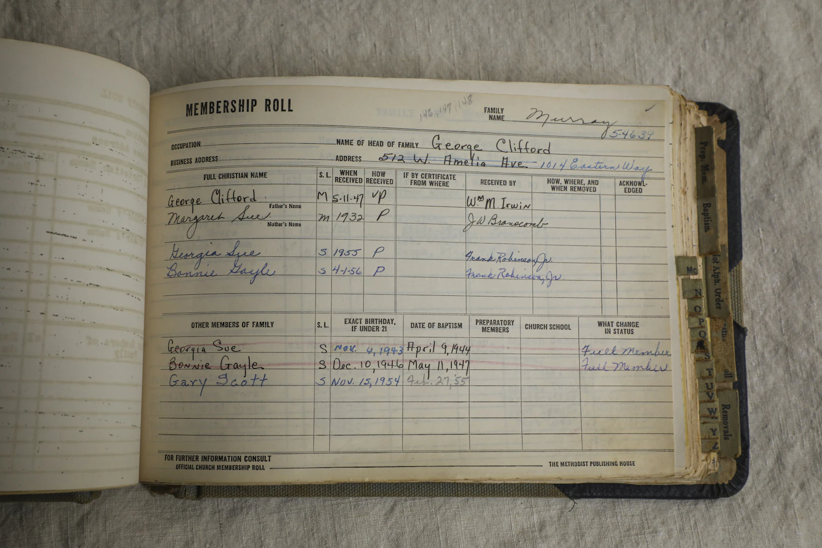 Opslået håndskrevet medlemsregister med navne, adresser og datoer — et papir-CRM før databaserne.