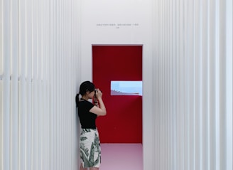 A person stands in a narrow, elongated hallway with white vertical panels on both sides. They are looking through a camera aimed at an opening at the end of the hallway. The back wall is bright red, and through the opening, a view of a city is visible. The person is wearing a black top and a skirt with green leaf patterns.