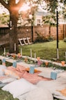 blue and white ceramic table decor on brown wooden table