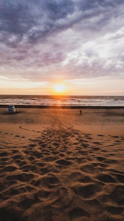 A serene beach at sunset with footprints in the sand.