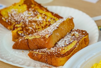 Side view of the egg nog French toast showing its moist interior and crispy edges.