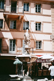 The iconic natural stone fountain at the café, framed by grapevines and a bottle of rosé wine resting nearby.