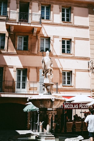 The iconic natural stone fountain at the café, framed by grapevines and a bottle of rosé wine resting nearby.