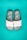A pair of white slide sandals featuring a textured sole with a mosaic pattern in shades of turquoise, brown, and white, set against a vibrant turquoise background.
