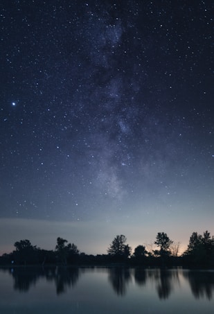 A night sky filled with stars is prominently visible above a calm lake, with silhouetted trees along the horizon. The stars create a dense pattern, with the Milky Way subtly stretching across the sky, adding depth and texture to the celestial view. The reflection of the trees and subtle hints of light illuminate the surface of the water, enhancing the tranquil atmosphere.