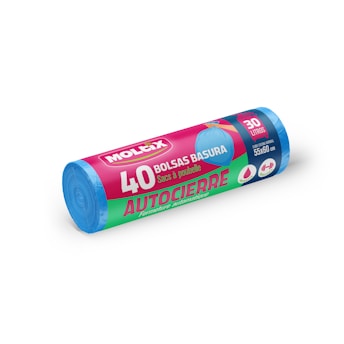 A roll of blue garbage bags with a colorful label. The label displays text in Spanish and French, indicating 40 bags, automatic closure (autocierre), and 30 liter capacity. The background is white.
