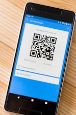 blue and white box with qr code