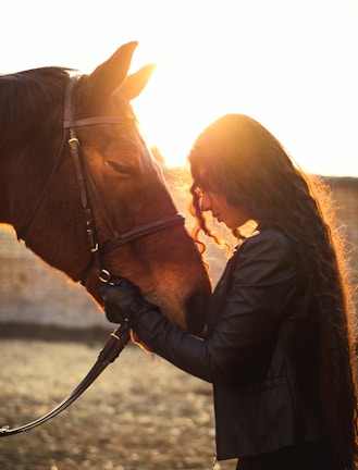 A person with long, curly hair leans in to gently touch noses with a brown horse. The warm glow of the setting sun creates a serene and intimate atmosphere, highlighting the bond between the person and the horse. The person is wearing a black jacket and gloves.