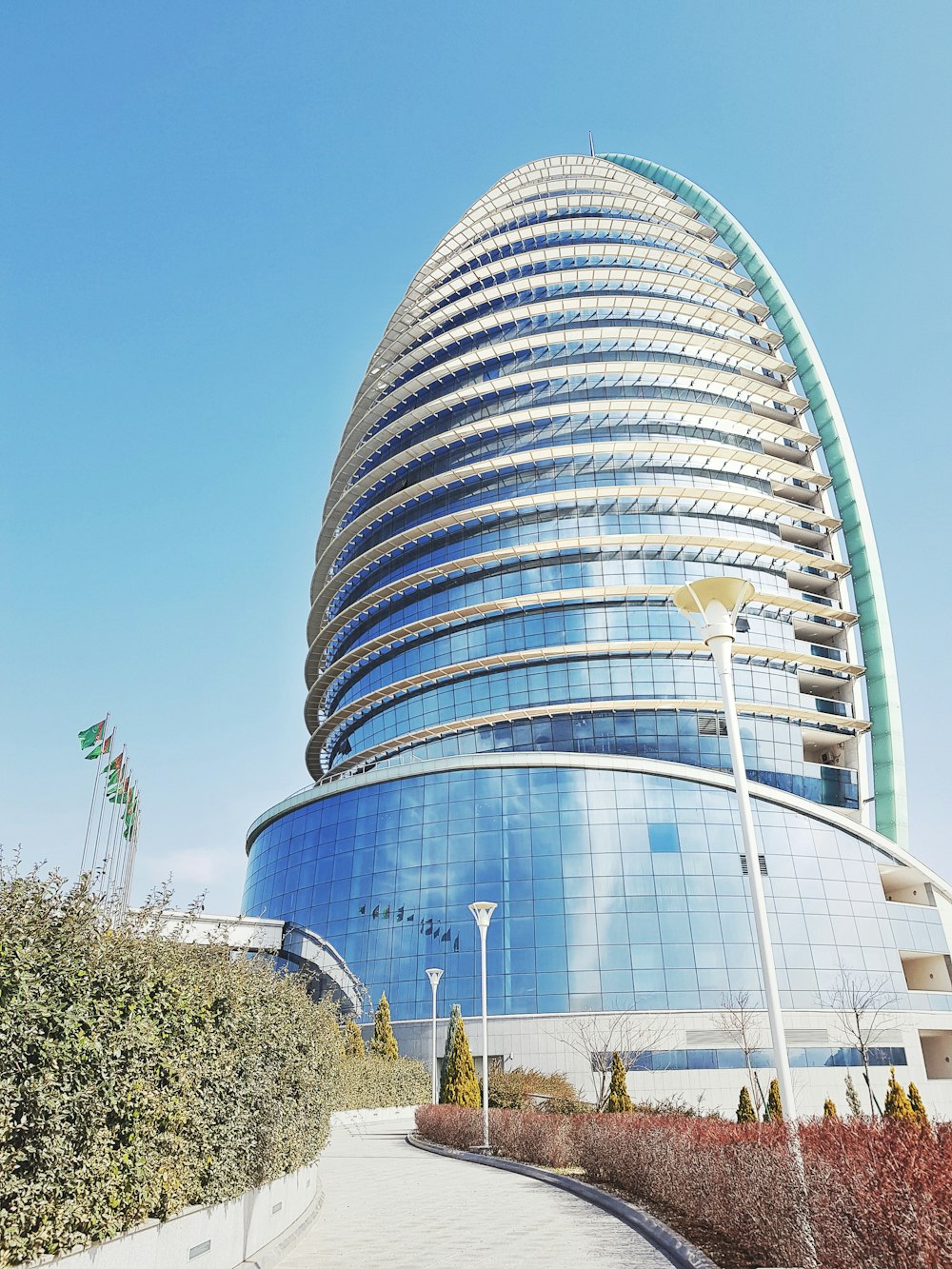 white and blue glass building