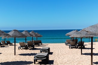brown wooden chairs on beach during daytime