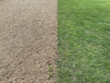 A split landscape with a gravel surface on the left half and a green grass lawn on the right half. The two sections are clearly demarcated and run parallel to each other.