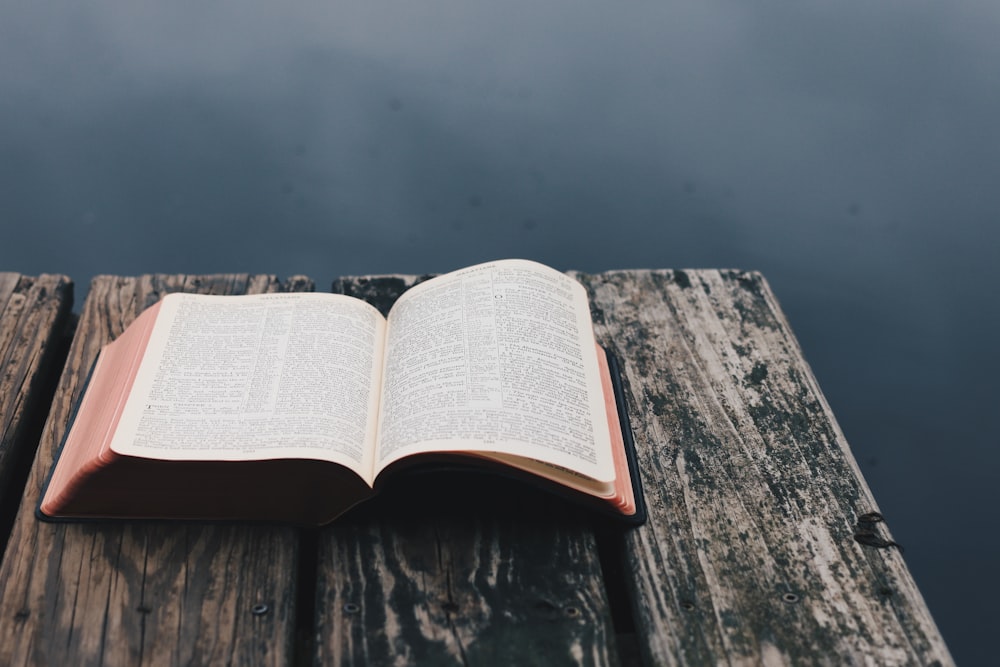 opened book on brown wooden table