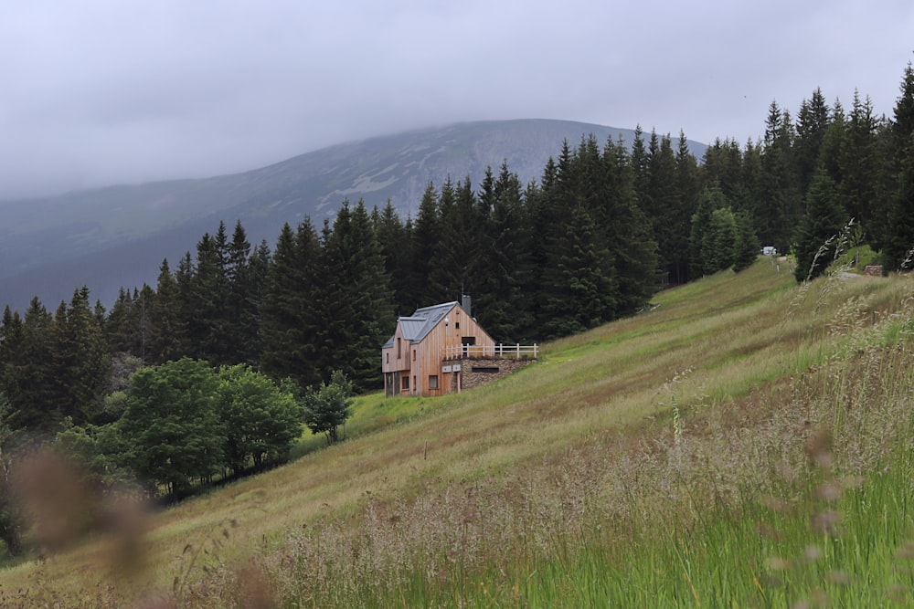 Braunes Holzhaus auf grünem Grasfeld in der Nähe von grünen Bäumen und Bergen während des Tages