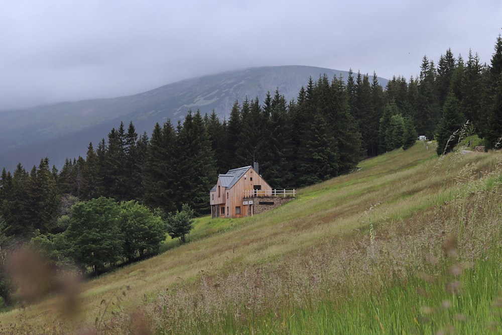 brown wooden house on green grass field near green trees and mountain during daytime