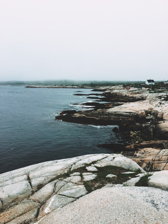 gray rock formation near body of water during daytime in Peggys Cove Canada