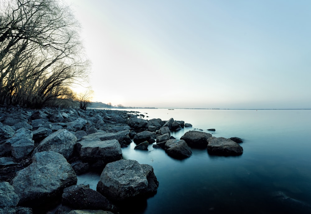 rocce nere sulla riva del mare durante il giorno