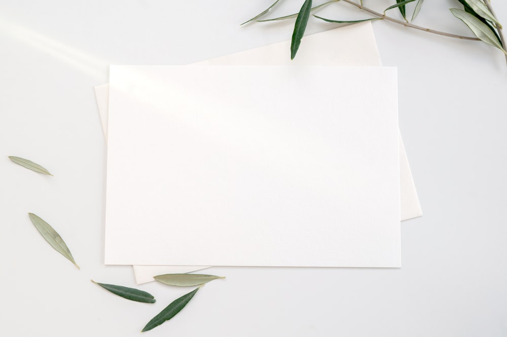 Weißes Druckerpapier mit grünen Blättern
