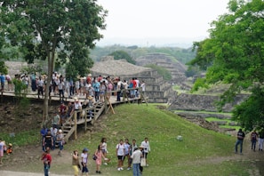 A historical site with stone structures and pyramids in the background is bustling with visitors. A diverse group of people are walking on a wooden pathway, surrounded by lush greenery. Large trees provide shade, and grassy areas cover the landscape.
