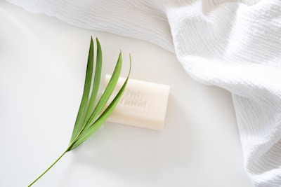 Minimalist 3D display of a natural black soap bar with olive leaves beside it.