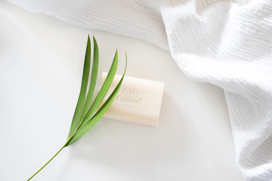 A serene still life of a botanical soap bar paired with natural green leaves on a cream background, capturing soft, natural light.