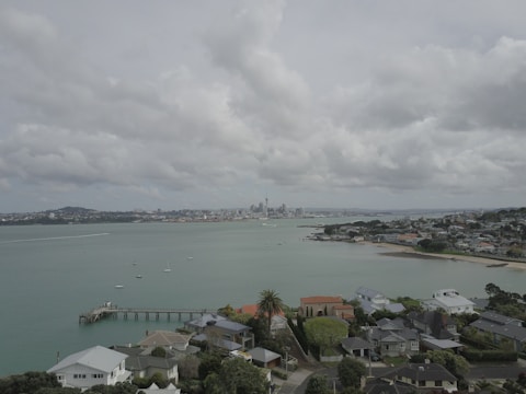 A scenic coastal view with a cluster of residential houses in the foreground, featuring a variety of architectural styles, surrounded by greenery. A wooden pier extends into the calm, expansive bay. The distant city skyline is visible across the water, under a cloudy sky.