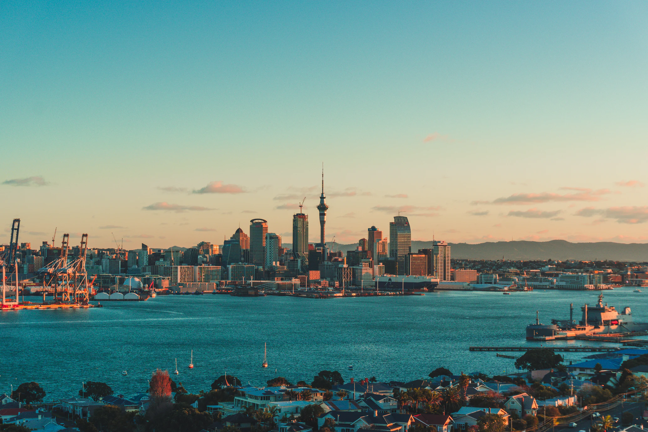 Aerial view of Auckland city and the Sky Tower at dusk