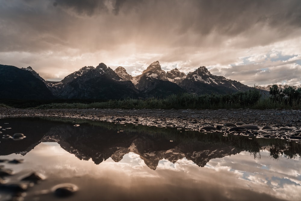 snow covered mountain near lake under cloudy sky during daytime