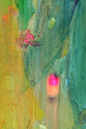 Abstract painting featuring soft, curved lines and layered textures reminiscent of leaves and water ripples.