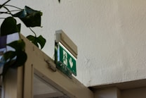 An emergency exit sign mounted above a door with an arrow and figure indicating the direction of escape. The sign is illuminated, and there are green leaves from a plant partially visible on the left side. The wall and ceiling are painted white, contrasting with the dark green sign.