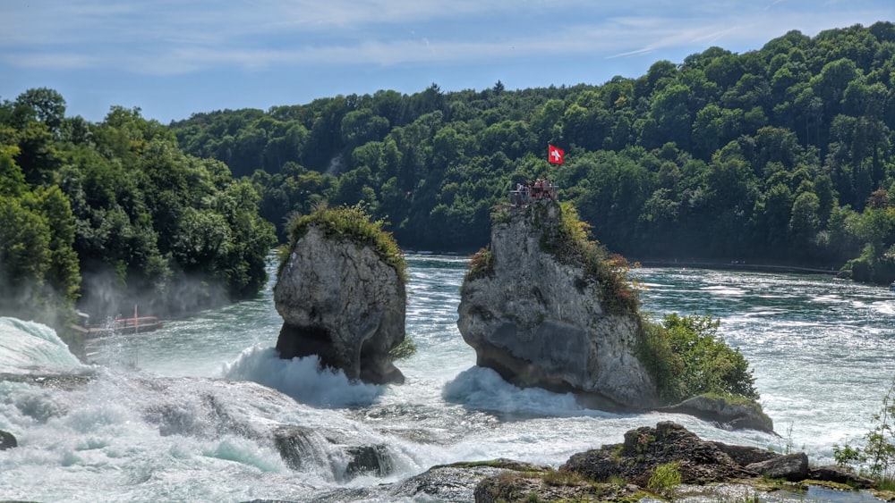 person in red jacket standing on rock formation in front of green trees during daytime