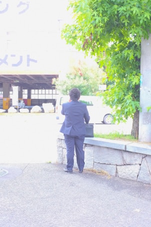 A person wearing a dark suit is standing on a sidewalk facing away and holding a briefcase. There is a stone ledge beside them, and the background includes greenery on the right and a lightly trafficked urban area with a white vehicle in the distance.