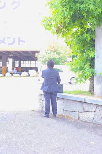 A person wearing a dark suit is standing on a sidewalk facing away and holding a briefcase. There is a stone ledge beside them, and the background includes greenery on the right and a lightly trafficked urban area with a white vehicle in the distance.