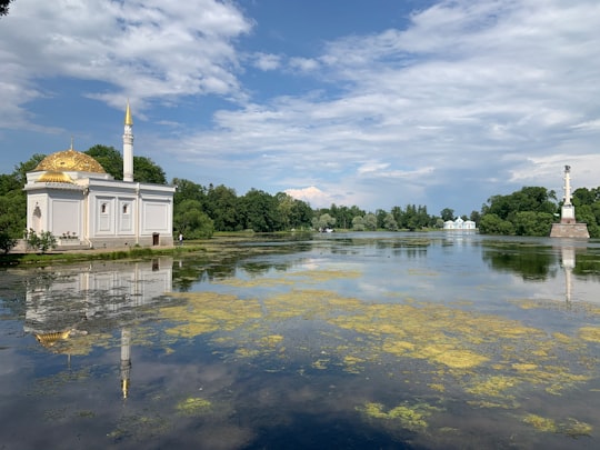 white concrete building near green trees and body of water under blue sky and white clouds in Catherine Park Russia