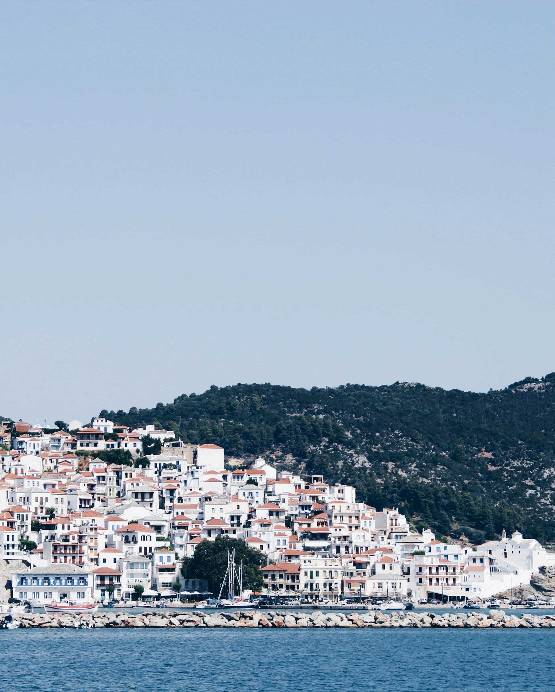 Häuser an einem grünen Hang oberhalb des Meeres auf Skopelos