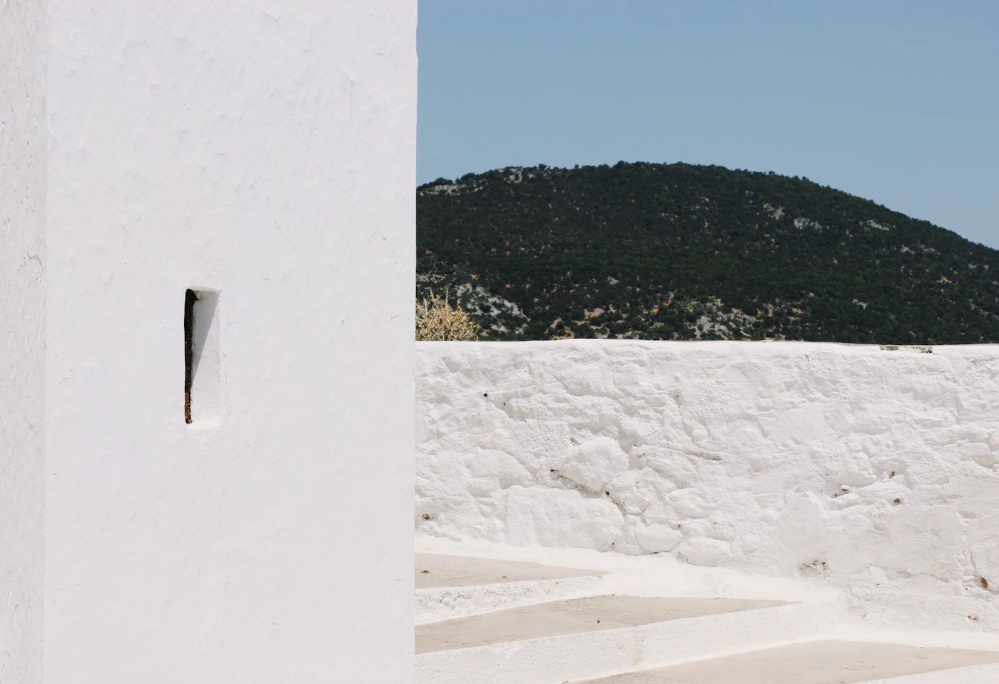 Weiße Mauer und üppige grüne Vegetation auf Skopelos
