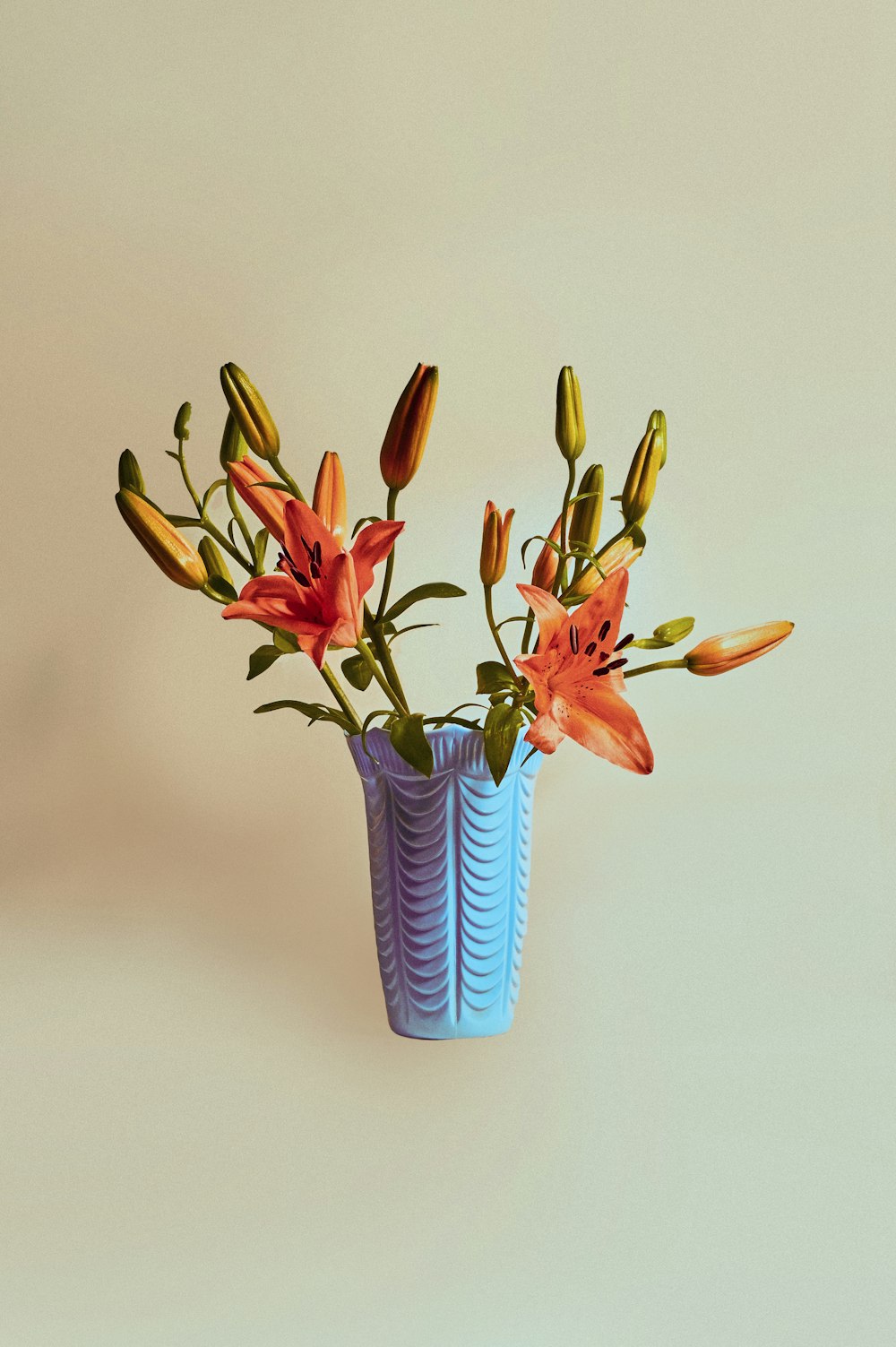 fleurs rouges et jaunes dans un vase bleu et blanc