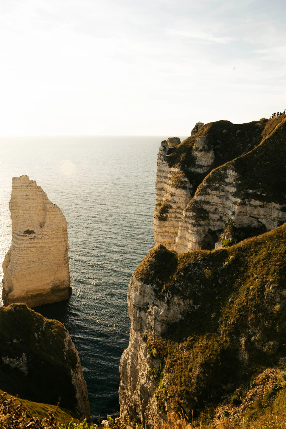 The image depicts a cliff face with two large, white rock formations jutting out into the ocean. The rocks are covered in green moss and appear to be weathered by time. The deep blue-green water below contrasts with the rocky terrain on top of the cliff. In the distance, beyond the cliffs, the vast expanse of the ocean stretches out towards the horizon.