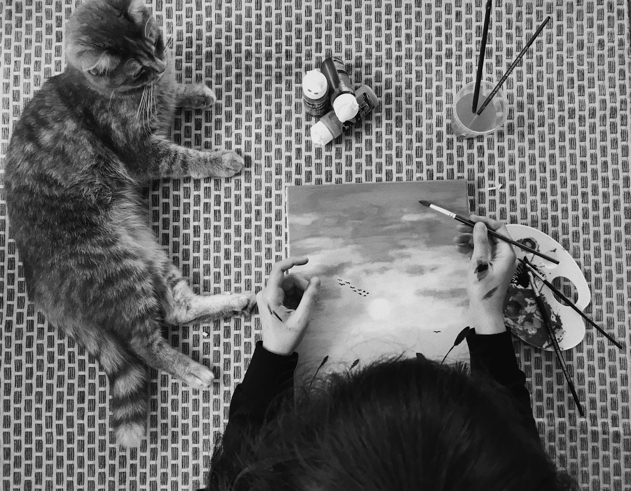 室内で猫を見ながら連絡先メモを作る様子