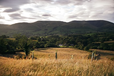 green grass field near green trees and mountain under white clouds during daytime farmhouse teams background