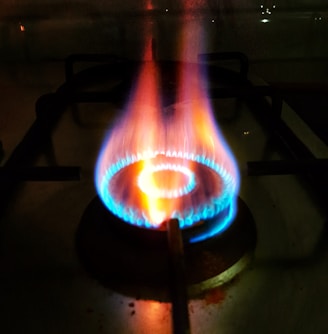 blue and red flame on black metal frame