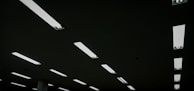 Rectangular fluorescent lights are evenly distributed across a dark ceiling, creating a geometric pattern with a stark contrast between the illuminated fixtures and the dark background.