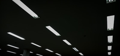 Rectangular fluorescent lights are evenly distributed across a dark ceiling, creating a geometric pattern with a stark contrast between the illuminated fixtures and the dark background.