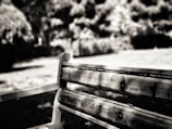 A wooden bench is captured in focus, with blurred natural surroundings in the background. The bench appears weathered and rustic, suggesting it is situated in an outdoor park or garden.
