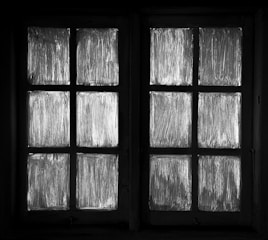 A black and white image featuring a window with four panes on each side. The window panes are covered in streaked, semi-transparent material, giving a frosted appearance.