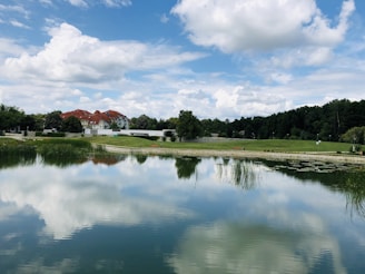 A picturesque pond reflecting the village landscape.