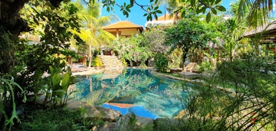 A serene pool area surrounded by lush gardens at the villa.