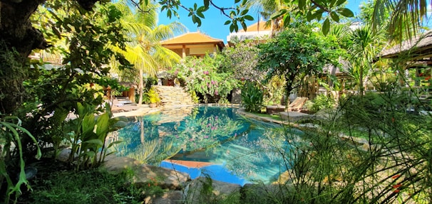 A serene pool surrounded by lush greenery and tropical plants. The blue sky reflects on the water's surface, and the area is enclosed by a variety of trees and shrubs. A house or villa with a thatched roof is partially visible in the background, adding to the tranquil, resort-like atmosphere.